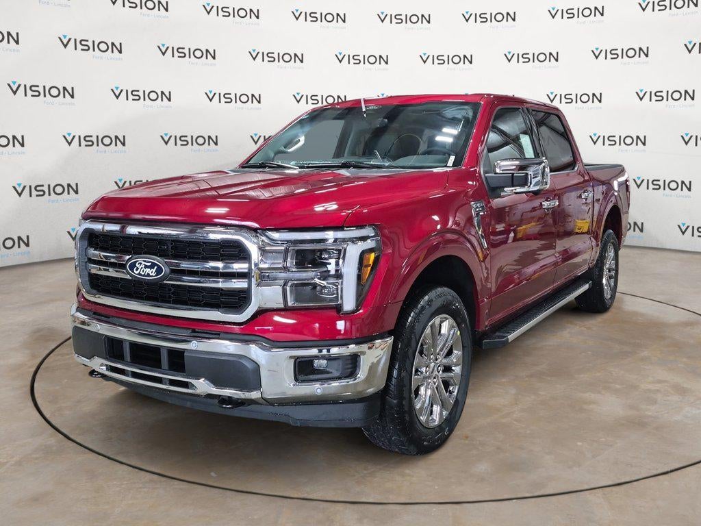 2026 Ford F-150 LARIAT 4WD SuperCrew 5.5 Box in Ruby Red Metallic Tinted Clearcoat — front three-quarter view