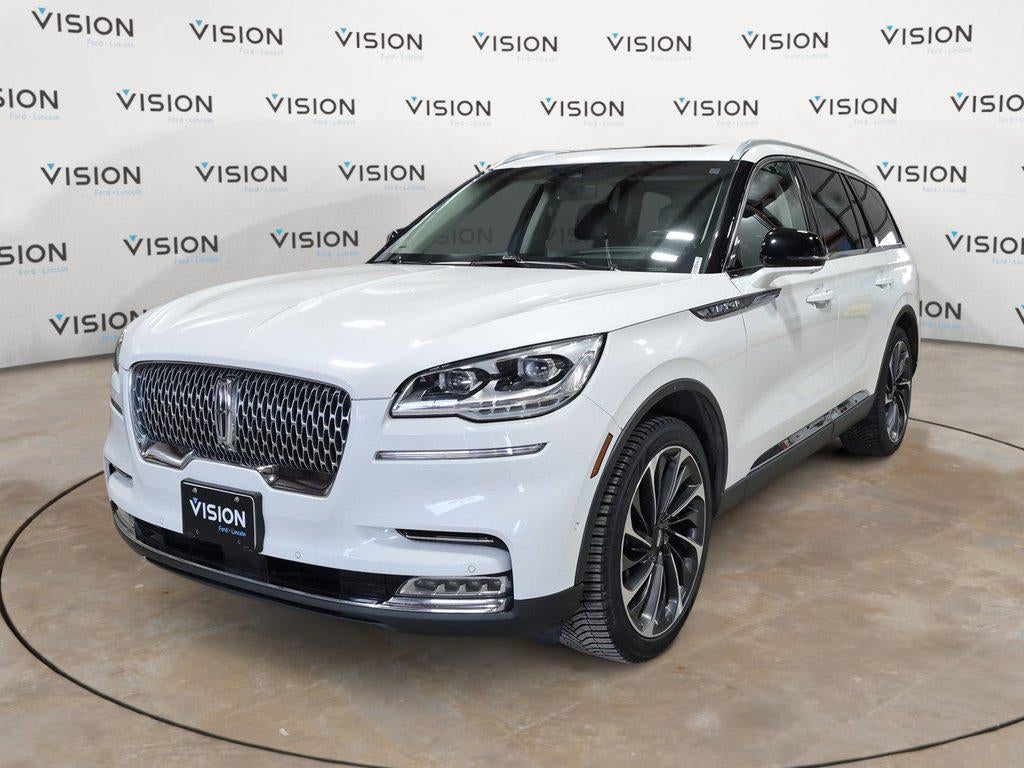 2022 Lincoln Aviator Reserve AWD in Pristine White Metallic Tri-Coat — front three-quarter view